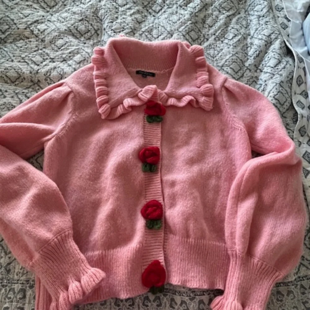 Pink Knit Cardigan Crocheted Strawberry Buttons Sz L/XL Coquette Twee Valentine - Picture 5 of 15
